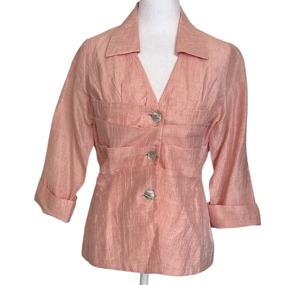 Farinaz Taghavi Women’s Top Collared Ruched Blouse Pink Button Front Size 4